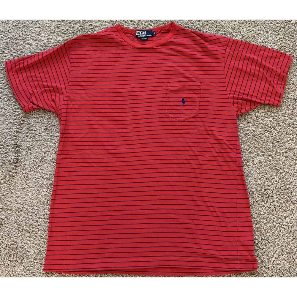 VTG Polo Ralph Lauren‎ Men's Striped T Shirt Red Blue Stripes Size Large